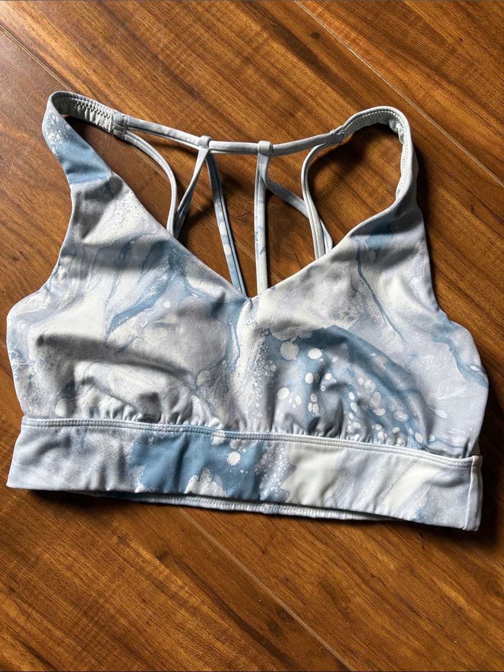 All in Motion Marble-Print Strappy Sports Bra in Light Blue and White